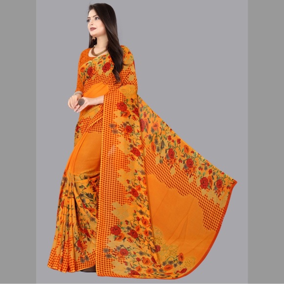 🧡Floral Print Daily Wear Light Weight Georgette Saree with Unstitched Blouse🧡 - Picture 4 of 5